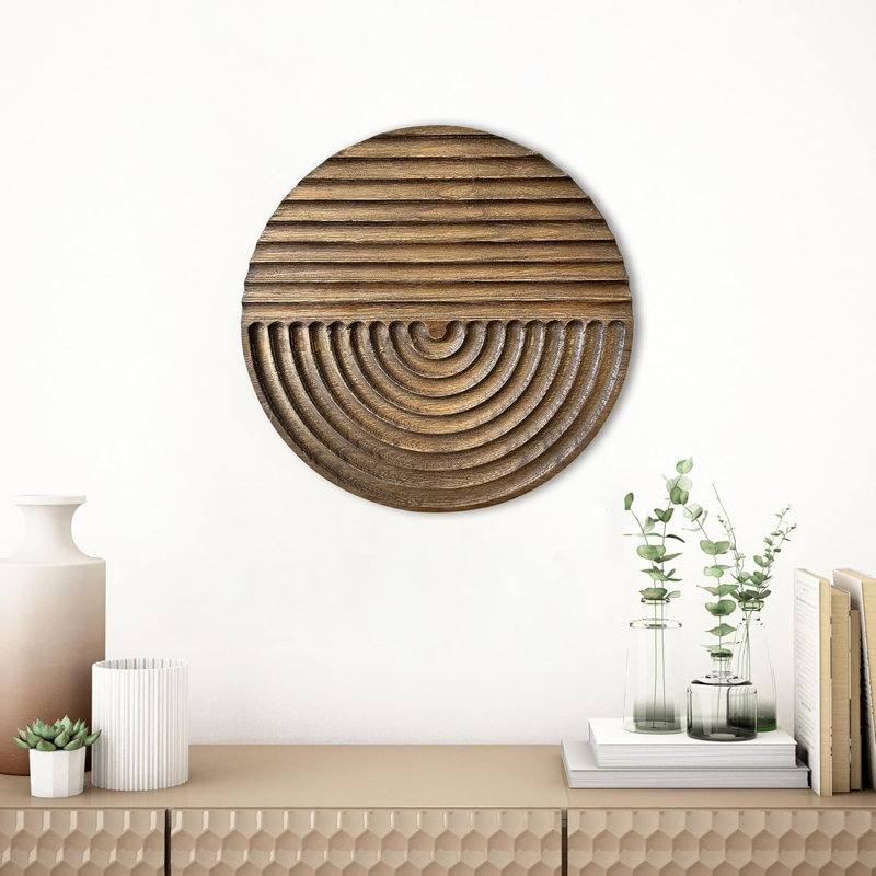 Hand-Carved Wood Wall Decor Featuring Artistic Round Design For Farmhouse And Country-Style Interiors | Wall Art Decoration | 11.8 Inches X 11.8 Inches (Brown)