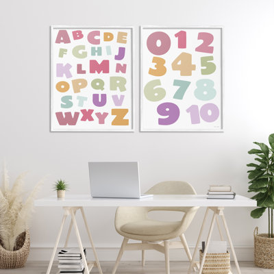 Muted Letters & Numbers Educational 2pc Framed Giclee Set, design by Susan Ball