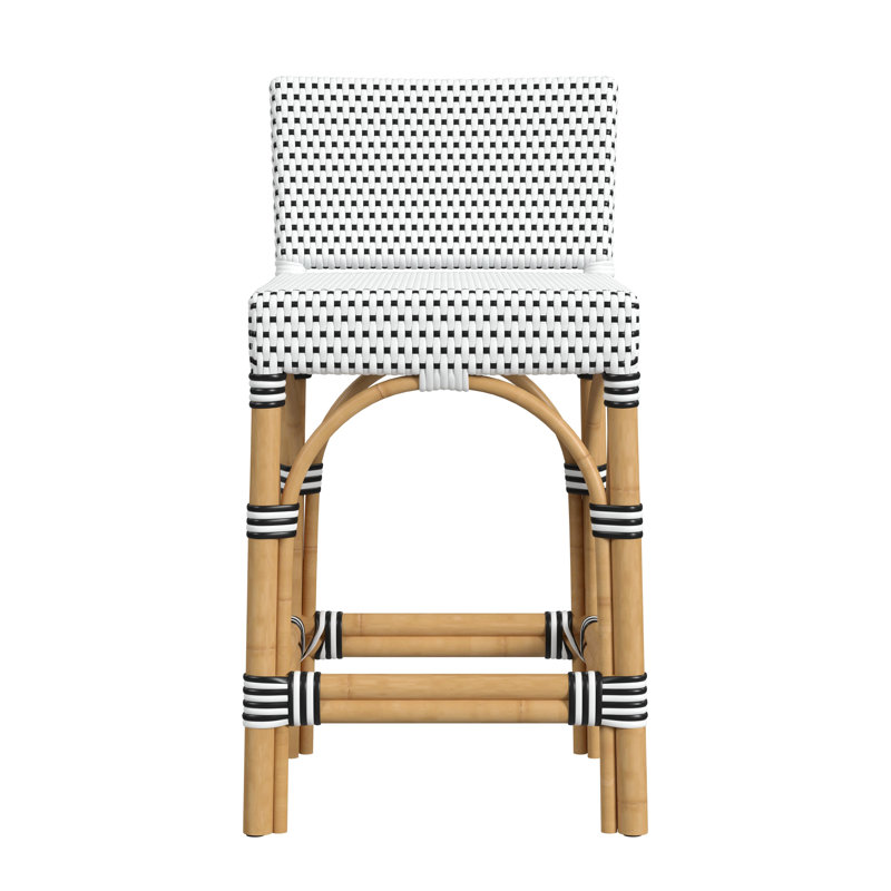 Serienna Blue & White Rattan Low Back Counter Stool, White/Black Dot, Counter Stool 24" Seat Height