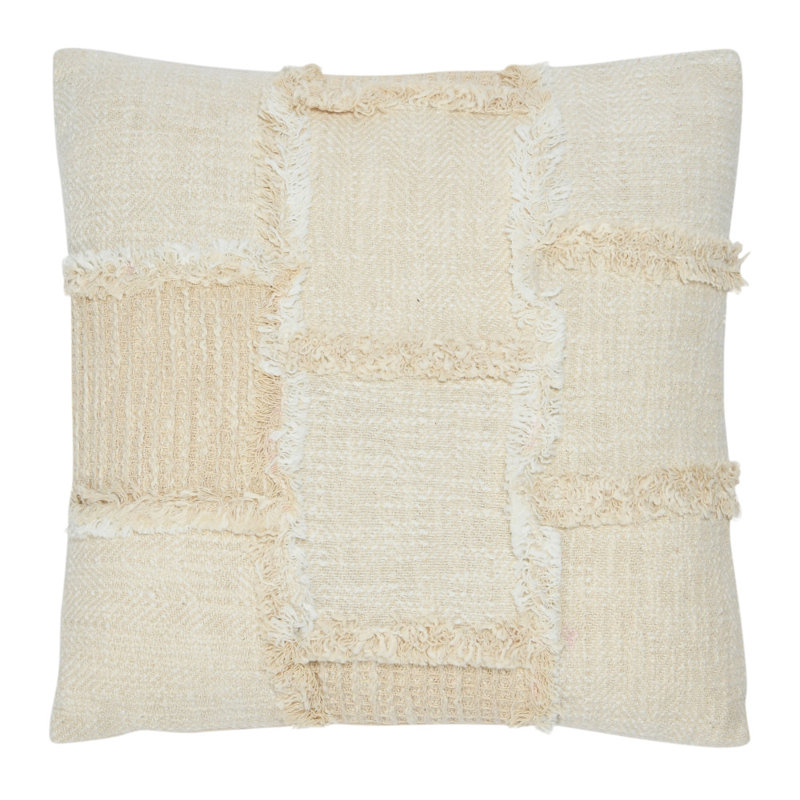 18" Beige Cotton and Wool Patchwork Pillow with Frayed Edges