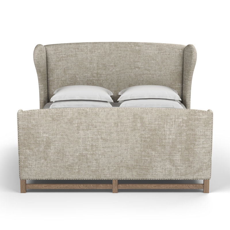 Herbert Upholstered Wingback Bed, Twin, Pebble Weave Linen Alabaster, Weathered