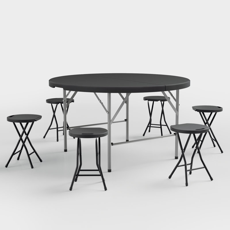 Ensemble 7 pièces table ronde et chaises pliantes 4,5 pi, bureau de réception et tabourets pliables en acier noir, Noir