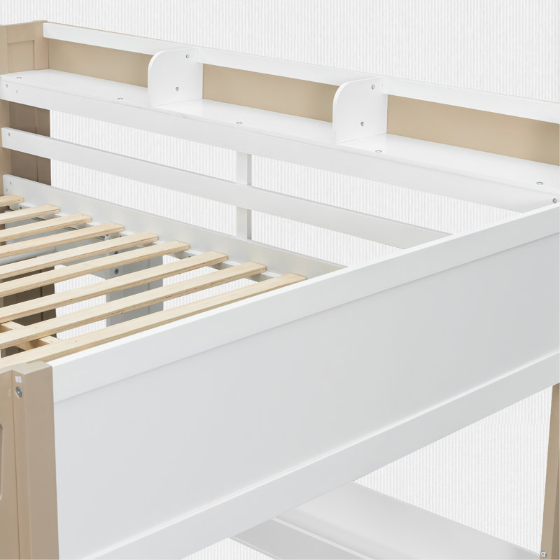 Lit mezzanine double avec bureau intégré et tablettes de rangement, Blanc, naturel