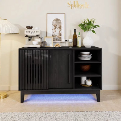 Buffet 47,3 "noir avec rangement, 2 portes et pieds en bois massif Farmhouse - Console multimédia polyvalente pour la cuisine, la salle à manger, le salon, le vestibule et le couloir