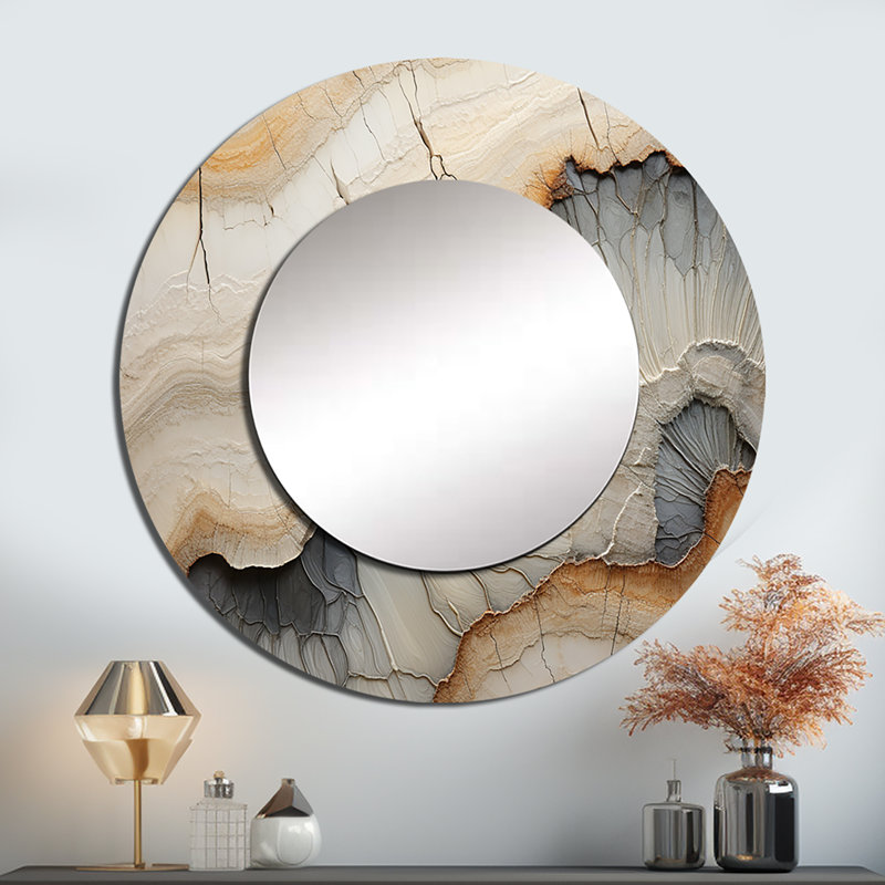 Samanthamarie Beige And Orange Minimalism Stone Geode II - Stone Geode Large Mirror, Beige Round Unique Wall Mirror Decor, Printed Metal Art