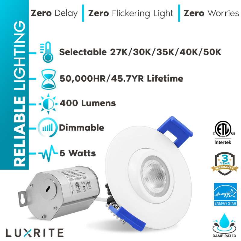 Luxrite 2" Gimbal LED Recessed Light, J-Box, 5W, 5 Colour Selectable, Dimmable, 400 Lumens, Damp Rated, IC Rated, ETL Listed 6 Pack