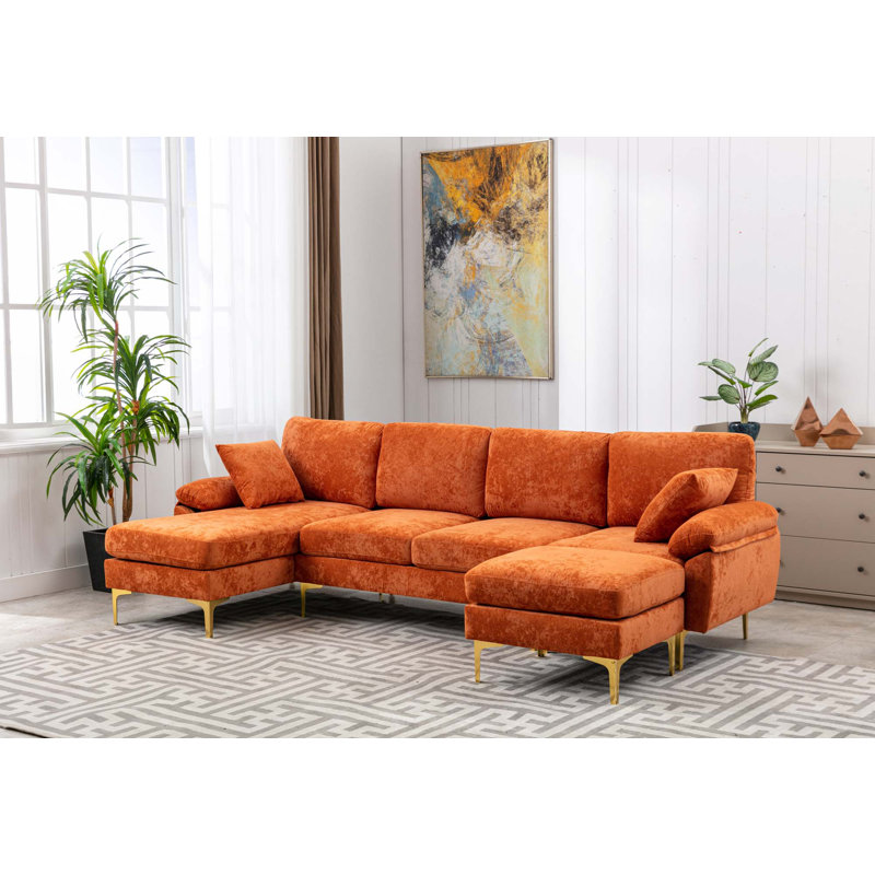 Canapé modulaire réversible en U avec repose-pieds, Velours orange