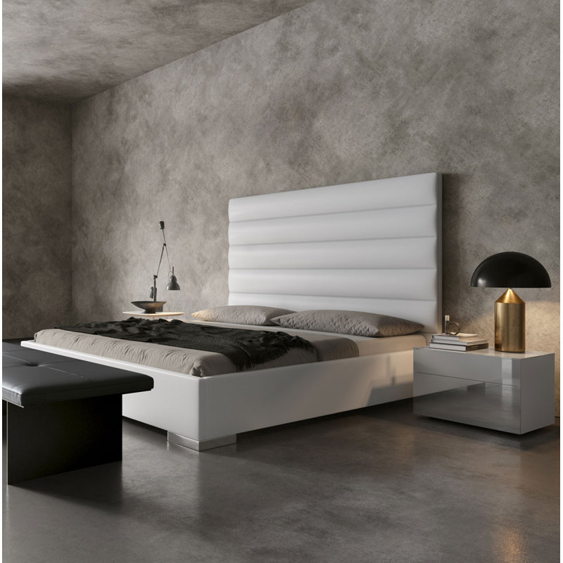 Prince Upholstered Platform Bed, White  Eco Leather, Queen