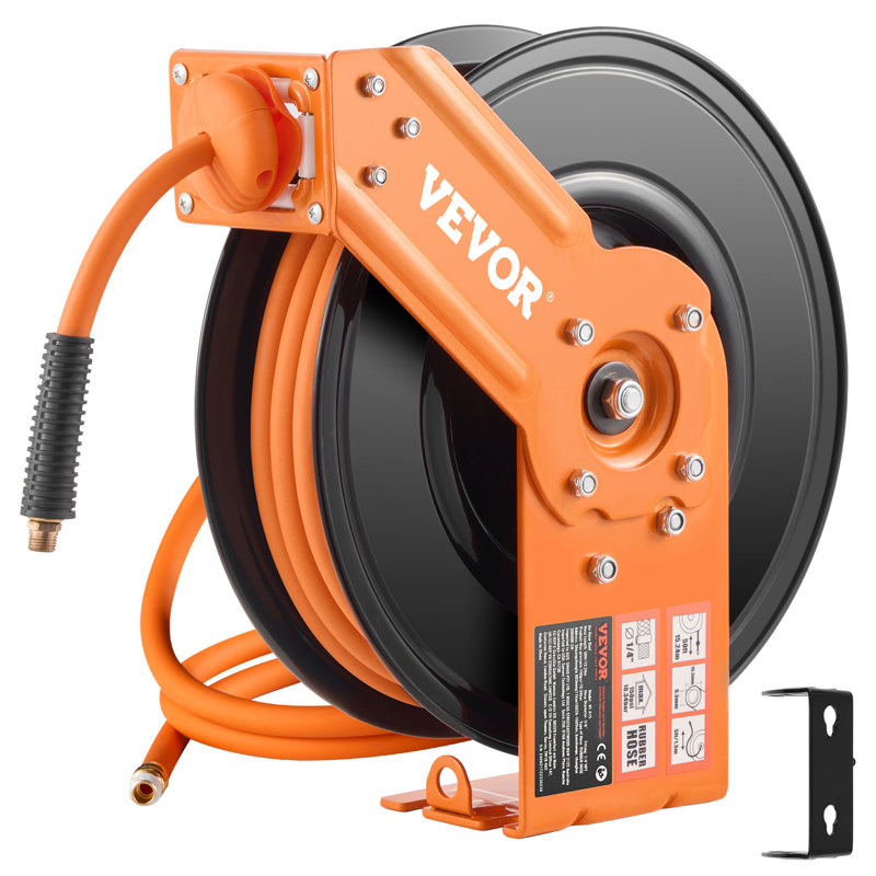 Enrouleur de tuyau d'air rétractable, tuyau d'air en caoutchouc 3/8 po x 50 pi, pression maximale 300 PSI, enrouleur de tuyau pour compresseur d'air à rembobinage automatique avec câble d'alimentation de 5 pi, enrouleur robuste à bras unique pour montage au plafond ou au mur et support pivotant à 180°