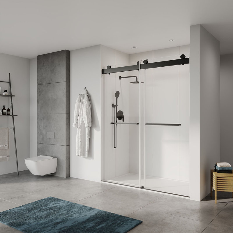 56 to 60 in. W x 76 in. H Sliding Frameless Shower Door with 3/8 Inch (8mm) Thick Tampered Glass, Matte Black