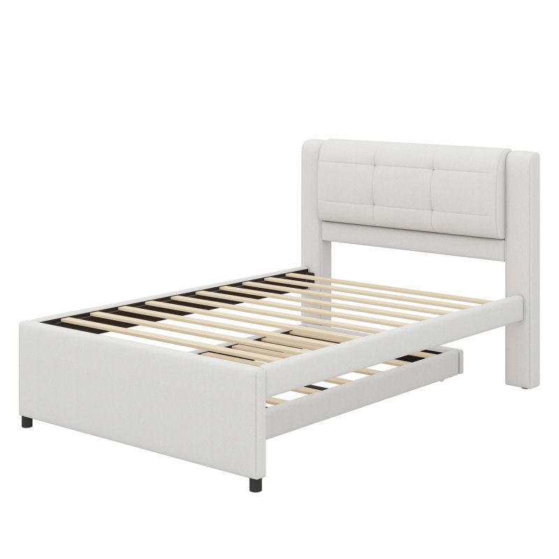 Lit plateforme double pleine grandeur avec tête de lit tapissier et lit gigogne escamotable, Beige