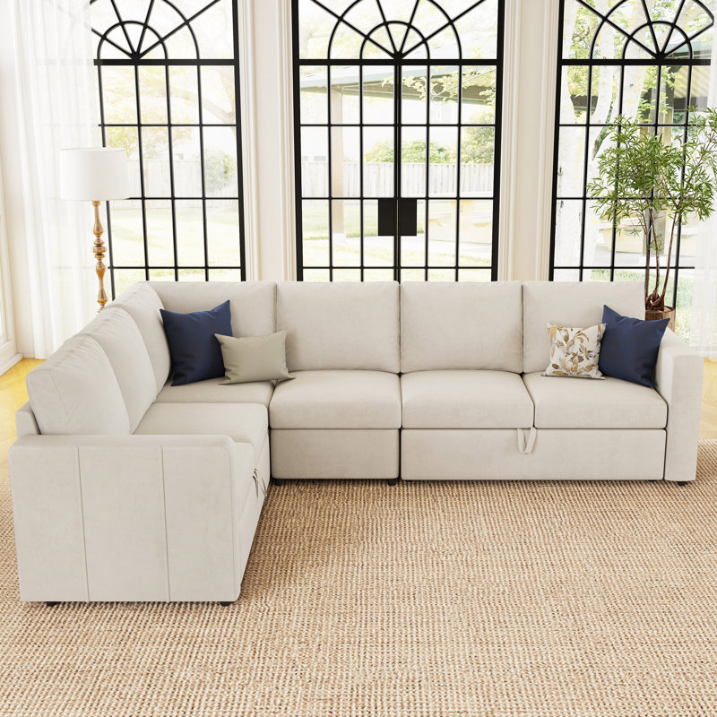 L-Shaped Modular Sleeper Sectional, Velvet - Beige