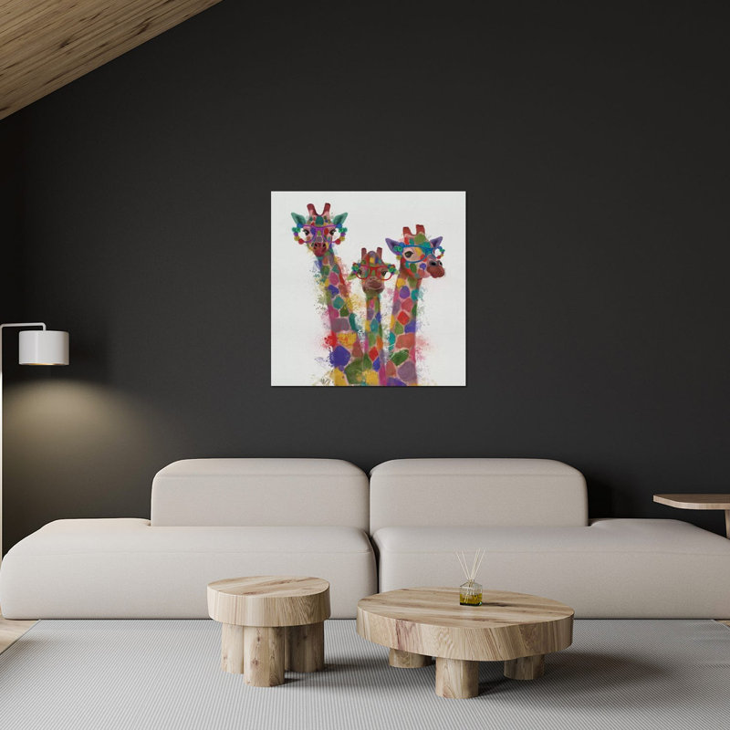 Rainbow Splash, impression de trio de girafes sur verre acrylique, H 36 po x l 36 po x P 0,25 po