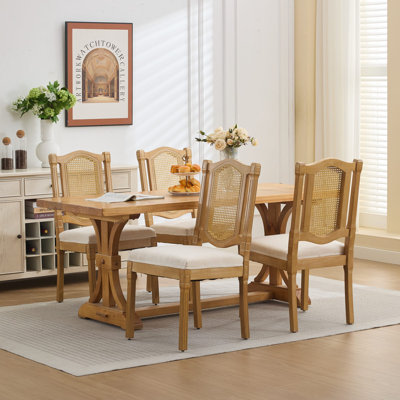 Ensemble de 4 chaises de salle à manger en bois à dossier en rotin, coussin en lin mat avec mousse à haute résilience et ressorts en S