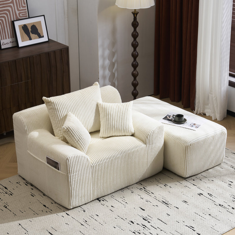 Très grand canapé en velours côtelé beige sans os avec 3 coussins décoratifs pour la chambre à coucher