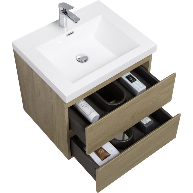 Meuble-lavabo flottant 24 po avec lavabo et tiroirs à fermeture en douceur 24 po, Chêne naturel