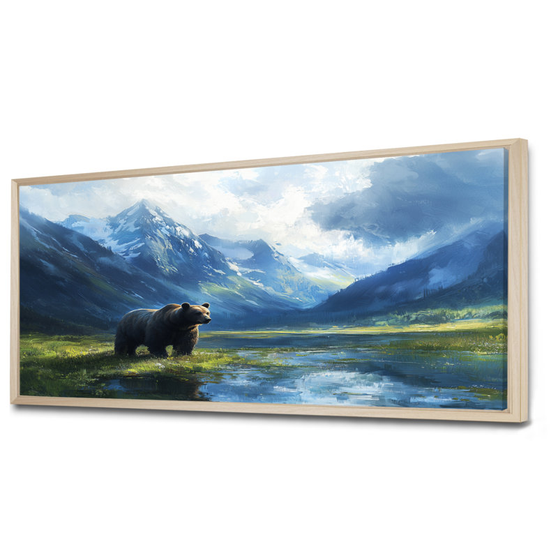 Ours dans la vallée de la montagne II - ours, art mural, H 28 po x l 60 po, Cadre flottant, Crème, crème