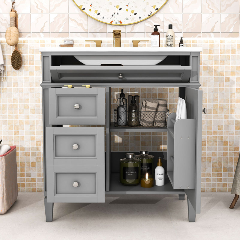 Contemporary Freestanding Single Bathroom Vanity Cabinet with Ceramic Sink and Ample Storage, Gray