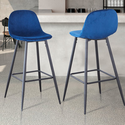 Tabouret de bar 30 po en velours bleu de 30 po avec dossier, pieds et repose-pieds en métal, installation rapide pour la cuisine