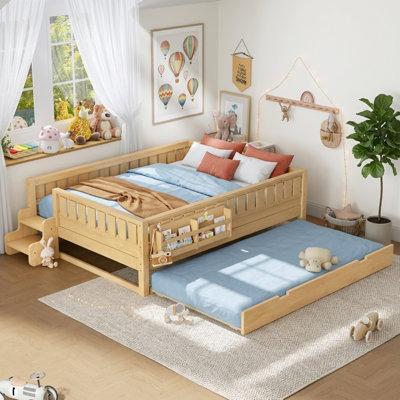 Solid Wood Kids Bed with Trundle, Built-in Bookshelf and Small Staircase, Safe Guardrail Toddler Bed