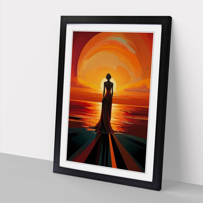 Sunset Art Deco No.3 - Single Picture Frame Print on Wood, Black, 46cm H x 34cm W x 2cm D