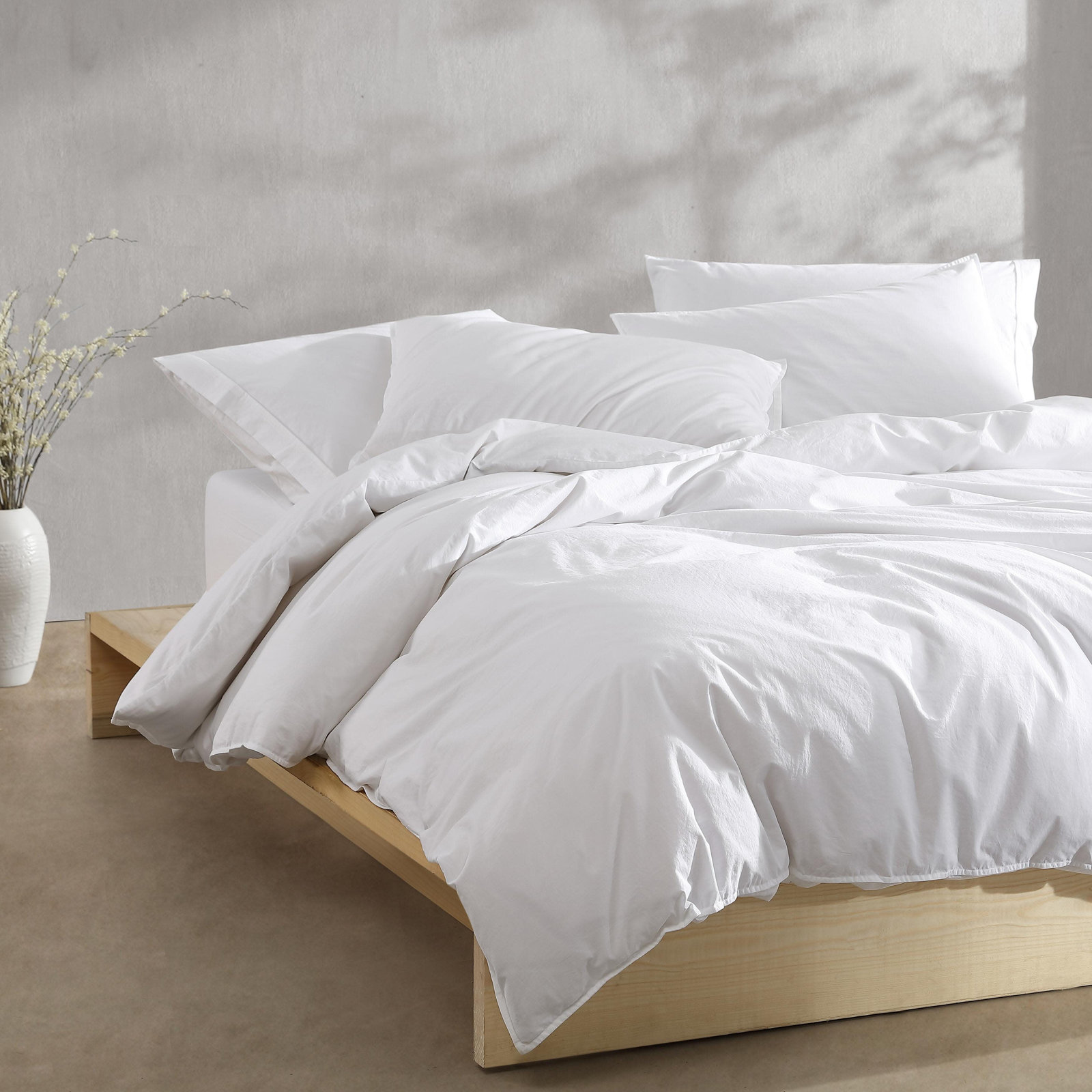 Calvin Klein Washed Percale Solid Cotton Duvet Cover Set, Queen Duvet Cover + 2 Standard Shams, White