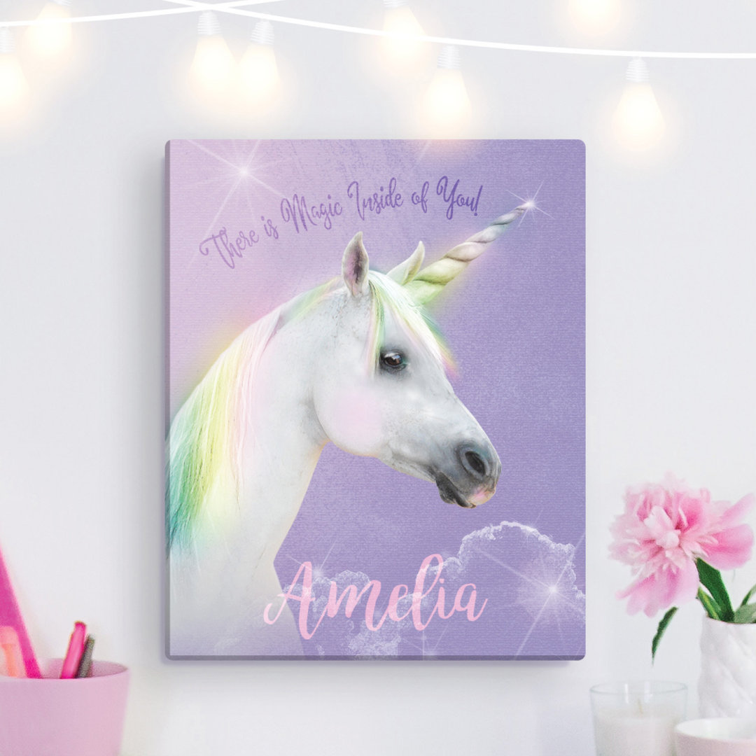 Magical Unicorn There Is Magic Inside Of You Purple Canvas Wall Art Print On Wood Frame With Custom Name Printed And Ready To Hang In Bedroom Or Playroom, Rectangle Trinx 