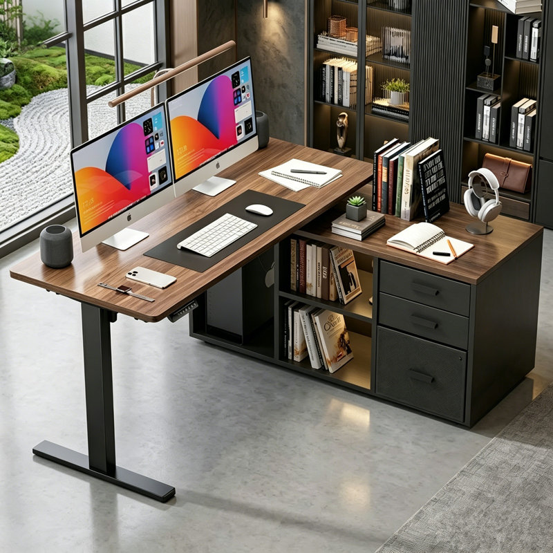 L-Shaped Desk with 4 Memory Presets, Adjustable Height Electric Standing Desk,Ergonomic Executive Computer Desk with File Cabinet, Drawers, and Storage Shelves, Corner Workstation for Home Office