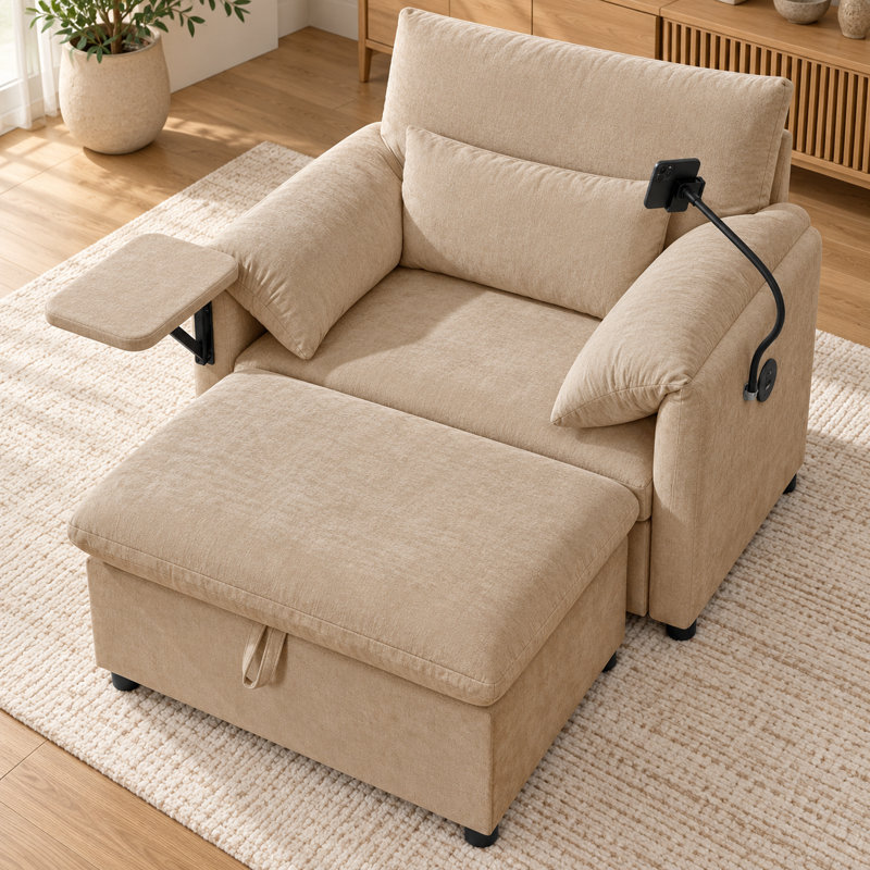 Chaise longue en chenille avec repose-pieds, dossier réglable, table d'appoint pliable et ports de charge USB Norelvessique