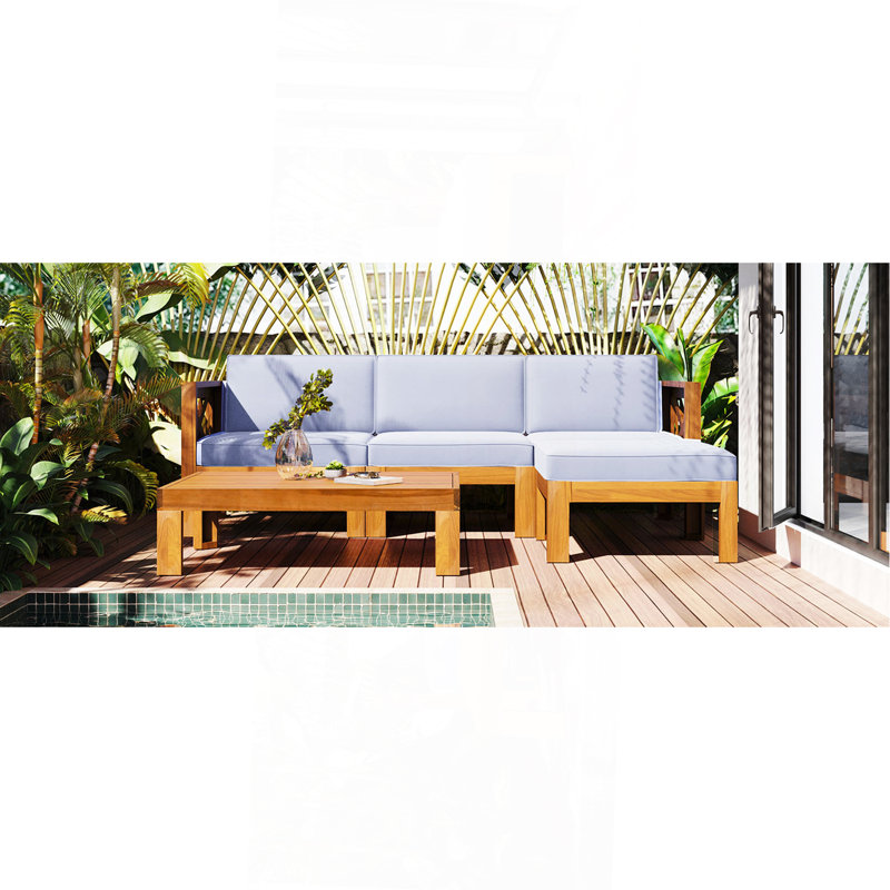 Ensemble de conversation modulaire d'extérieur en bois pour patio 5 pièces avec coussins, finition naturelle et coussins gris