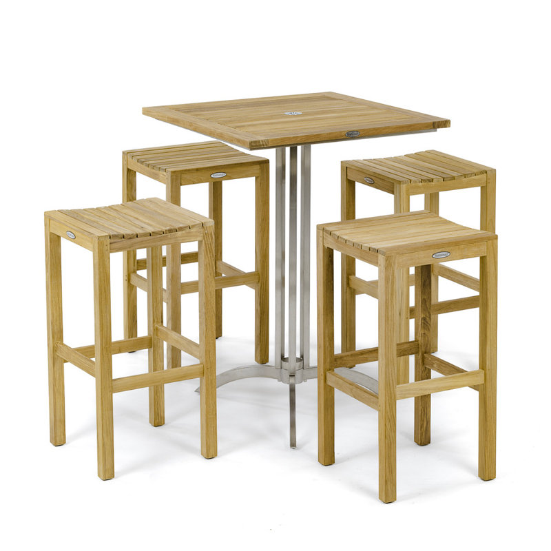 Table de bar carrée contemporaine de 30 pouces avec 4 tabourets sans dossier en teck