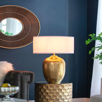 Table Lamp - Round Aluminum Sheet, Gold Finish, White Fabric Shade