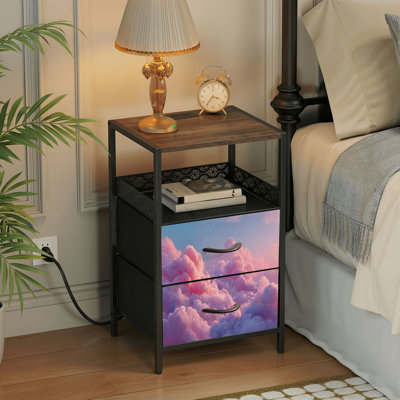 Table de chevet 2 tiroirs avec station de charge, table de chevet pour chambre avec ports USB et amp; Outlets, tablette ouverte noire, table de chevet avec imprimé soleil couleur pastel
