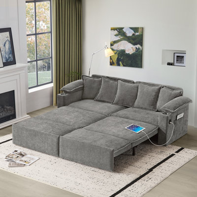 Très grand canapé-lit escamotable avec rangement, canapé-lit convertible avec ports USB pour porte-gobelets, canapé rembourré en chenille avec méridienne pour salon, chambre d'amis, gris clair
