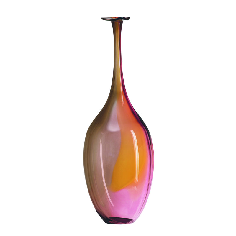 Fidji Handmade Glass Table Vase, Pink/Yellow, 14.375" H x 4.375" W x 4.375" D