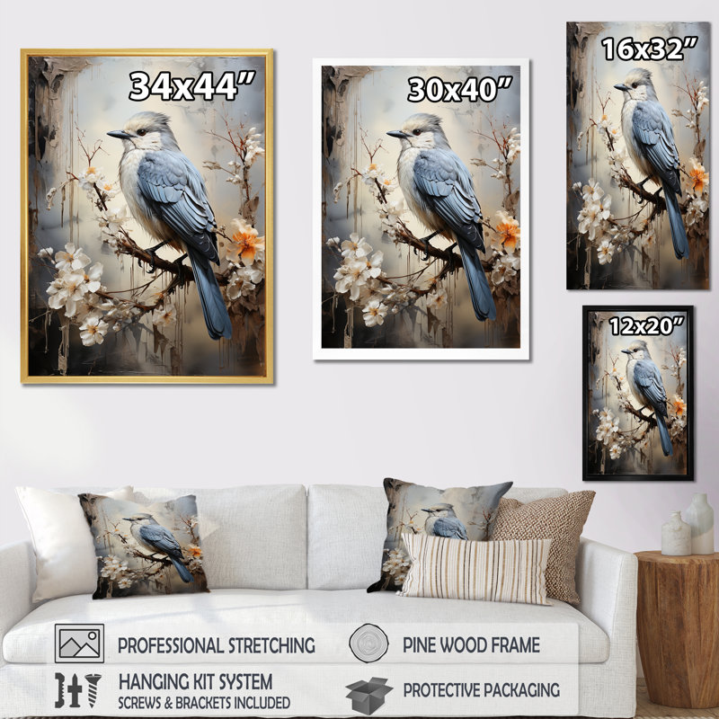 «Misty Blueray Bird on Branch II», reproduction d'art mural, H 32 po x l 16 po x P 1 po, Cadre flottant blanc