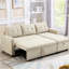 Lit rembourré avec méridienne de rangement beige - Canapé modulaire convertible carré et revêtu de lin