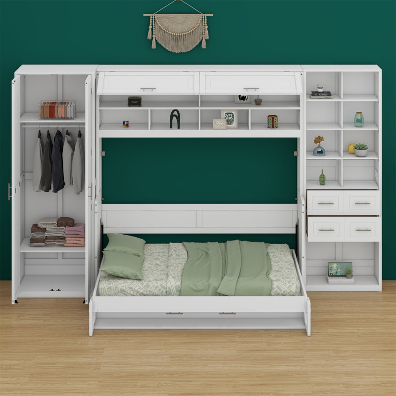 Lit escamotable Murphy avec placard, tiroirs et tablettes, Blanc, Grand lit