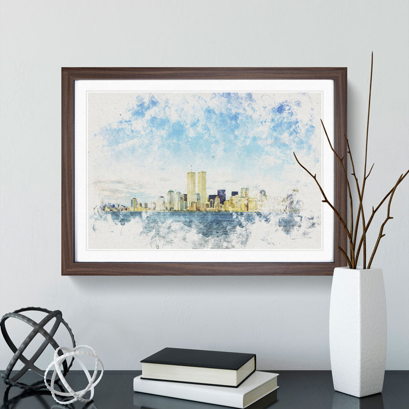 New York Skyline with the Twin Towers - Picture Frame Graphic Art Print, Walnut Framed, 33cm H x 45cm W x 2cm D