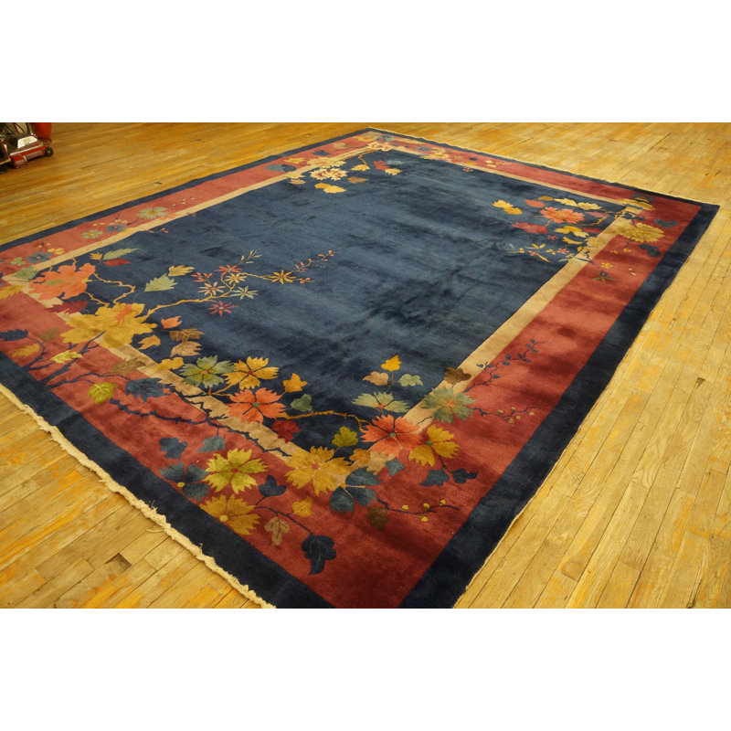 Antique Navy Blue Field Color Floral Art Deco Chinese Allover Rug