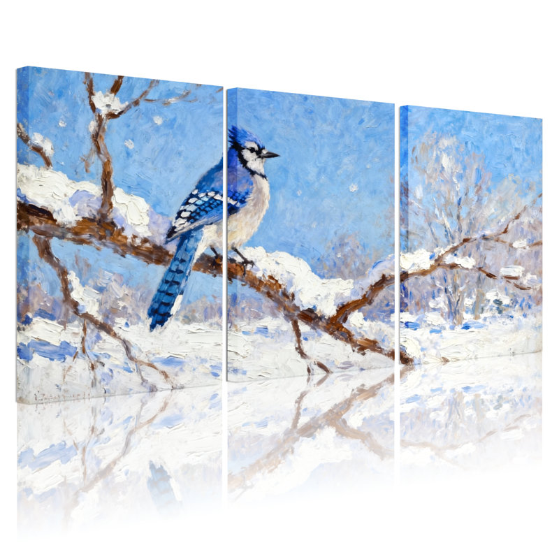 Birds Blue Jay perché sur une branche enneigée, scène d'hiver, ensemble de 3 impressions sur toile, H 30 po x l 60 po