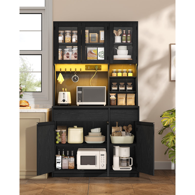 Kitchen Cupboard with LED & Power Outlet, Tall Kitchen Cabinet with Countertop & 2 Drawers, Sideboard Storage Cabinet, Adjustable Shelves, for Dining Room, 40 x 100 x 180 cm