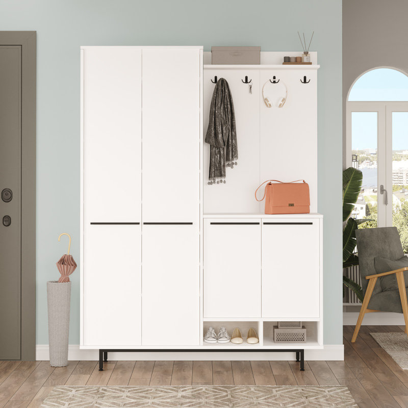 Modern Hall Stand with Numerous Shelves, White, 58.0 x 77.0 x 14.0 inches | 100% Melamine Coated Particle Board, Thickness: 0.7 inches | Wall-Mountable Design, Perfect for Entryway Organization & Style