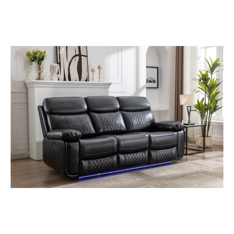 Canapé inclinable électrique en cuir noir à 3 places avec bande lumineuse DEL
