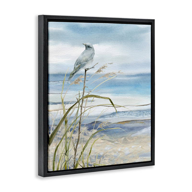 Oiseau sur la plage, Cadre flottant noir de jais, H 21 po x l 17 po