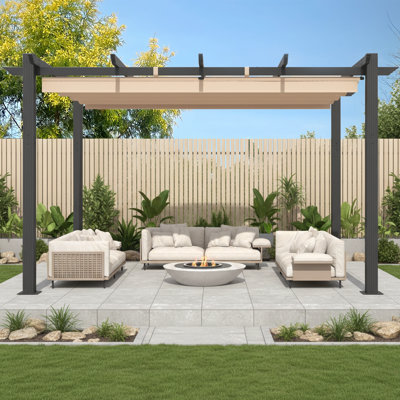 Erommy 10' X 13' Outdoor Pergola With Retractable Canopy, Heavy-duty Metal Frame And Adjustable Patio Shade Roof, Khaki