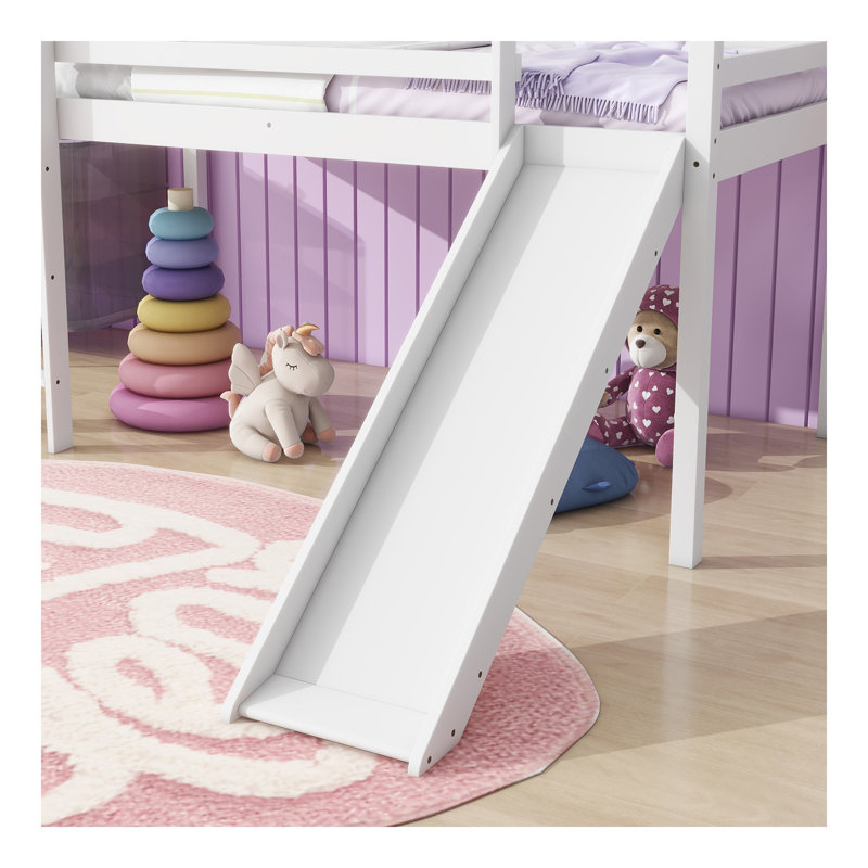 Lit simple mezzanine bas avec glissade, échelle, barrières de sécurité, lit mezzanine simple en bois d'hévéa, blanc, Blanc