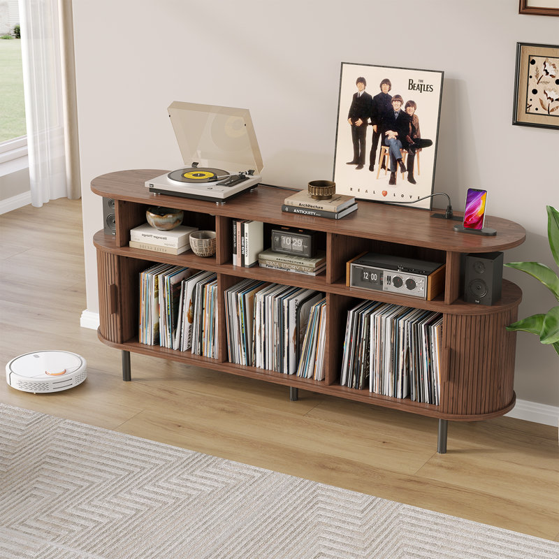 Grand meuble rond pour platine vinyle avec station de charge, meuble de rangement pour disques vinyles avec porte coulissante, meuble de style moderne du milieu du siècle avec étagères ouvertes pour chambre ou salon