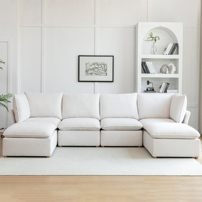 Hepworth Dejohn Corduroy Sectional Sofa With Two Ottomans, 36" H x 125" W x 62.5" D, White Corduroy