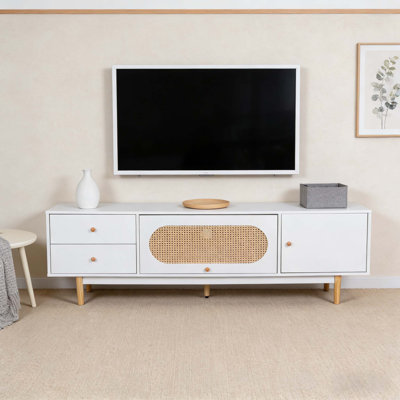 Meuble télé 70 po pour téléviseur de 80 po ou moins, console minimaliste avec tiroirs et tablette réglable, centre média